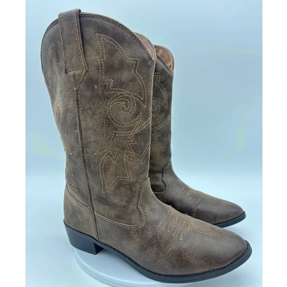 KIDS‎ COWBOY BOOTS Western Shoe Little Boy Girl Pointed Toe Brown Youth 5